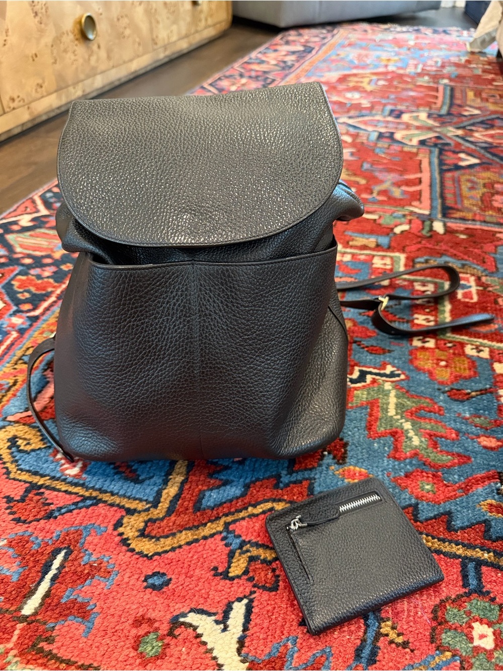 Cuyana Black Pebbled Leather Backpack with Zip Pouch